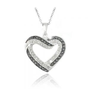 Jewel - תכשיטים ויהלומים שרשראות 0.50ct TDW Black & White Diamond Open Heart Necklace in Brass