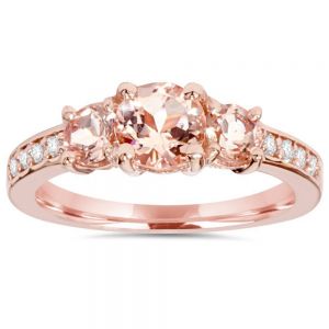 Jewel - תכשיטים ויהלומים טבעות 1.50Ct Morganite & Natural Diamond 3 Stone Ring 14K Rose Gold Three