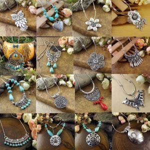 Jewel - תכשיטים ויהלומים שרשראות 20 style Vintage Women's Tibetan Silver Turquoise Beads String Pendant Necklace