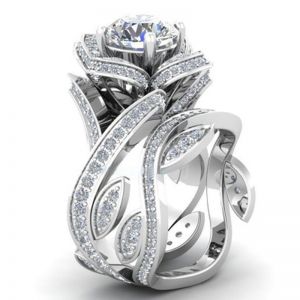 Jewel - תכשיטים ויהלומים טבעות Fashion Women 925 Silver ,Gold Lotus Flower White Topaz Ring Set Wedding Jewelry