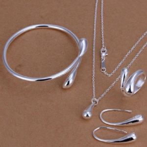 Jewel - תכשיטים ויהלומים סטים Fashion Women Wedding Silver Drop Jewelry Set Necklace Bracelet Earring Ring Set
