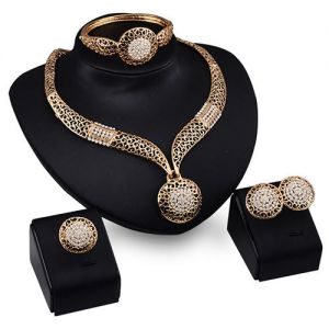 Jewel - תכשיטים ויהלומים סטים Women New Fashion Wedding Party Rhinestone Necklace Bracelet Ring Earrings Set