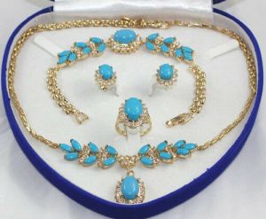 Jewel - תכשיטים ויהלומים סטים 1set 18K Yellow Gold GP Inlay Turquoise Necklace Bracelet Earring Ring AA No box