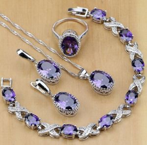 Jewel - תכשיטים ויהלומים סטים Purple Amethys 929 Silver Jewelry Sets Earrings Pendant Necklace Ring Bracelets 