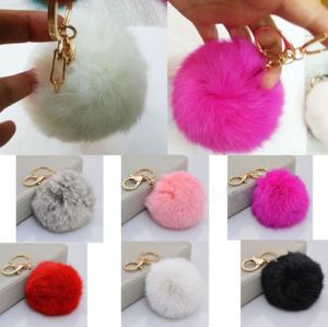 Jewel - תכשיטים ויהלומים קישוטים נתלים Car Keychain Key Ring Faux Rabbit Fur Handbag Ball PomPom Pendant Charm Phone