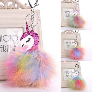 Jewel - תכשיטים ויהלומים קישוטים נתלים Rabbit Fur Ball Key Chain Unicorn Pom Keychain Pompom Women Bag Accessories Gift