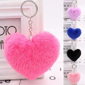 Jewel - תכשיטים ויהלומים קישוטים נתלים Heart Shape Soft Fluffy Fur Ball PomPom Keychain Handbag Pendant Charm Key Ring