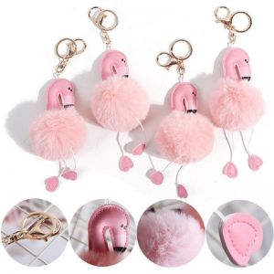 Jewel - תכשיטים ויהלומים קישוטים נתלים Cute Fluffy Pom Pom Flamingo Keychain Fur Ball Key Ring Holder Womens Hand Bag