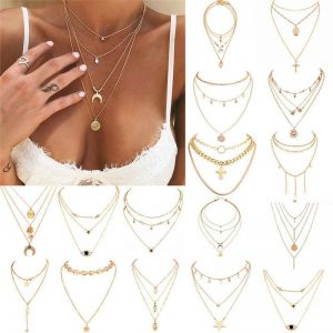 Jewel - תכשיטים ויהלומים שרשראות Boho Women Multi-layer Long Chain Pendant Crystal Choker Necklace Jewelry Gift