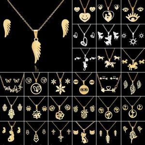 Jewel - תכשיטים ויהלומים שרשראות Fashion Gold Stainless Steel Jewelry Set Women Pendant Necklace Earrings Wedding
