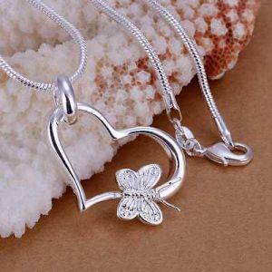 Jewel - תכשיטים ויהלומים שרשראות Hot Jewelry 925Sterling Solid Silver Jewelry Butterfly Heart Chain Pendant Necklace P090
