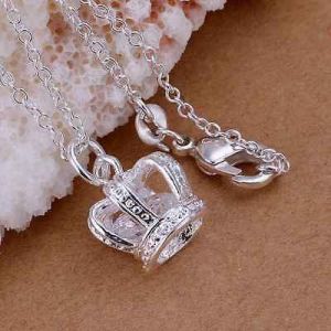Hot Jewelry 925Sterling Solid Silver Jewelry Crystal Crown Chain Pendant Necklace P162
