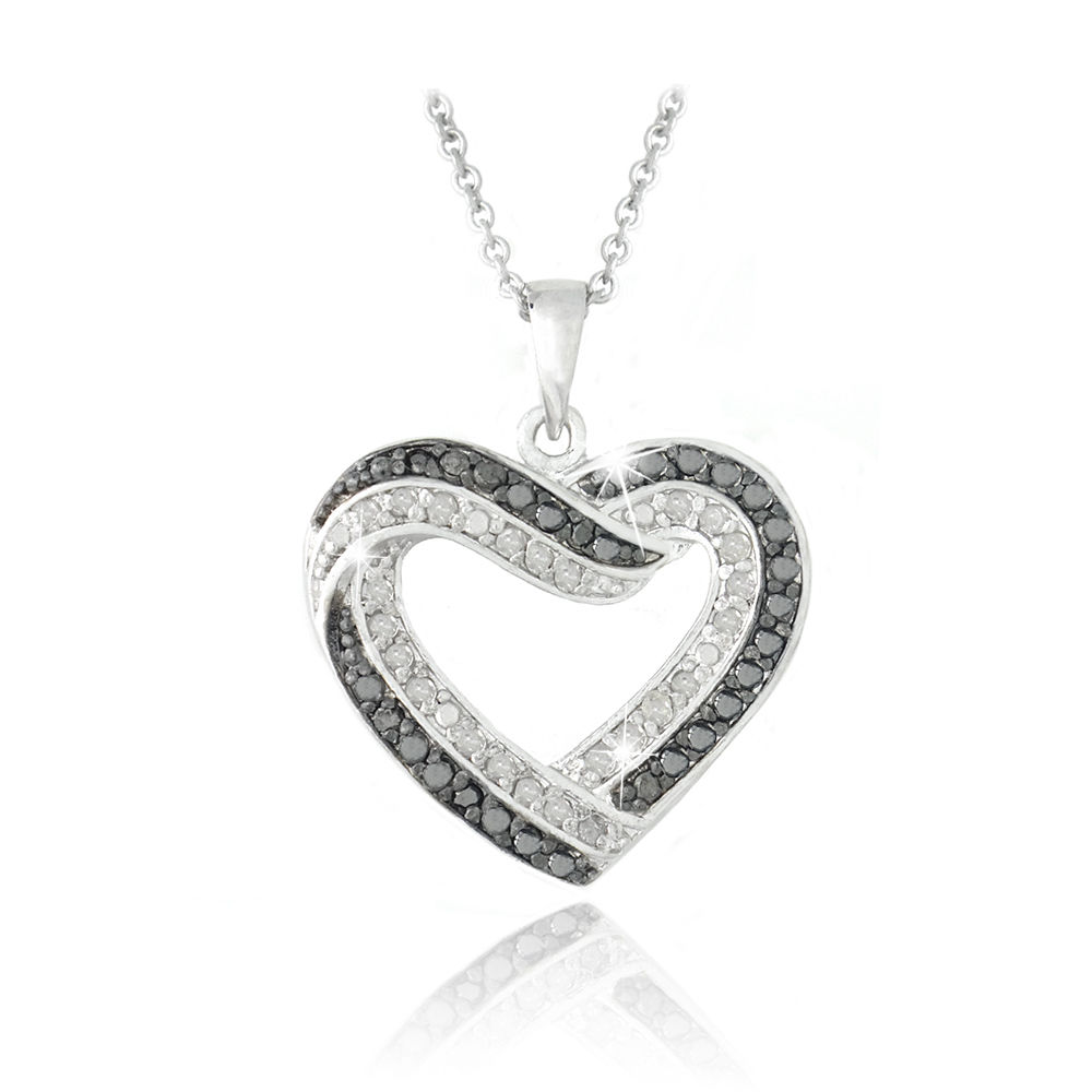 Jewel - תכשיטים ויהלומים שרשראות 0.50ct TDW Black & White Diamond Open Heart Necklace in Brass