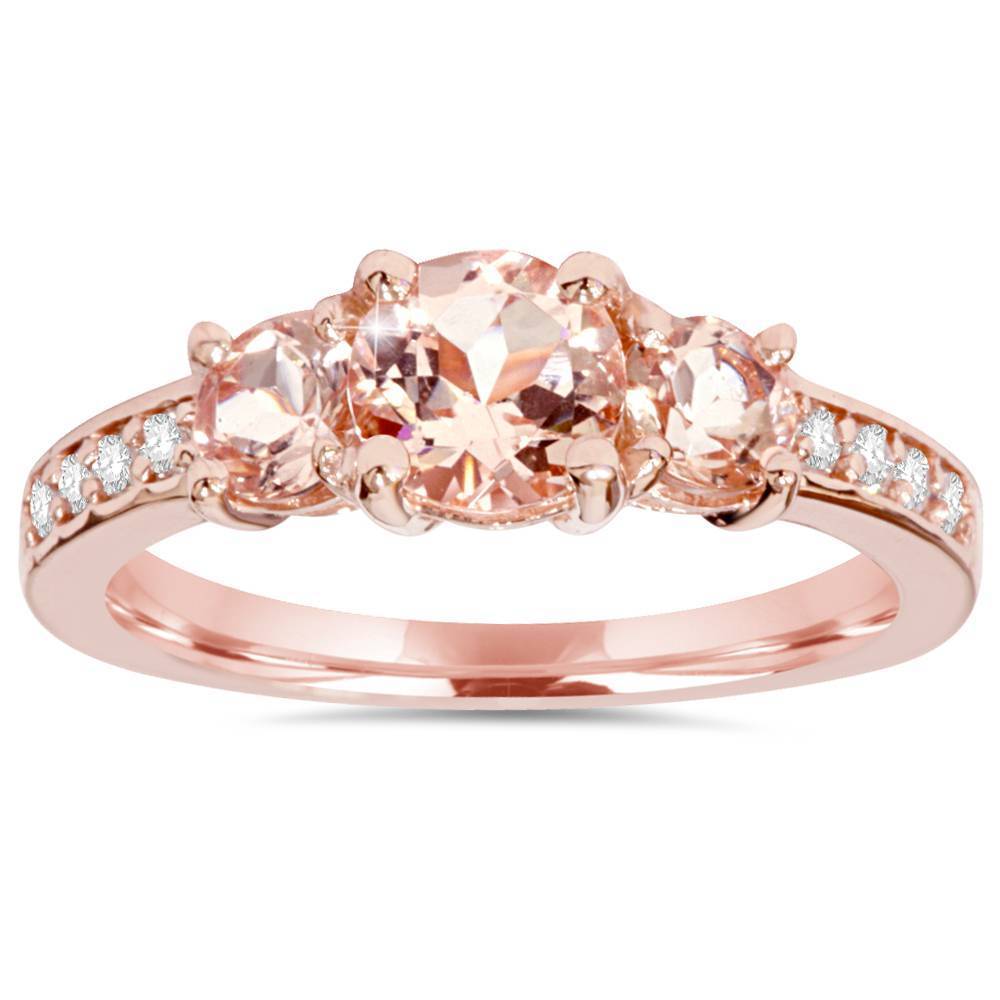 Jewel - תכשיטים ויהלומים טבעות 1.50Ct Morganite & Natural Diamond 3 Stone Ring 14K Rose Gold Three