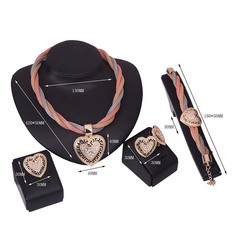 Jewel - תכשיטים ויהלומים סטים New Women 4 Pieces Gold Heart Pendant Necklace Bracelet Earring Ring Jewelry Set