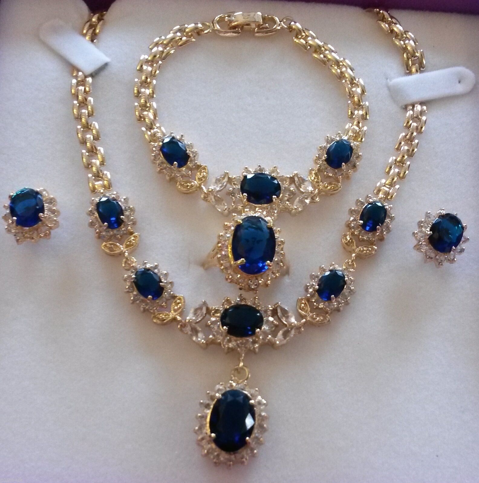 Jewel - תכשיטים ויהלומים סטים SET Blue sapphires GOLD GF matching necklace bracelet ring earrings PLUM UK BOXD
