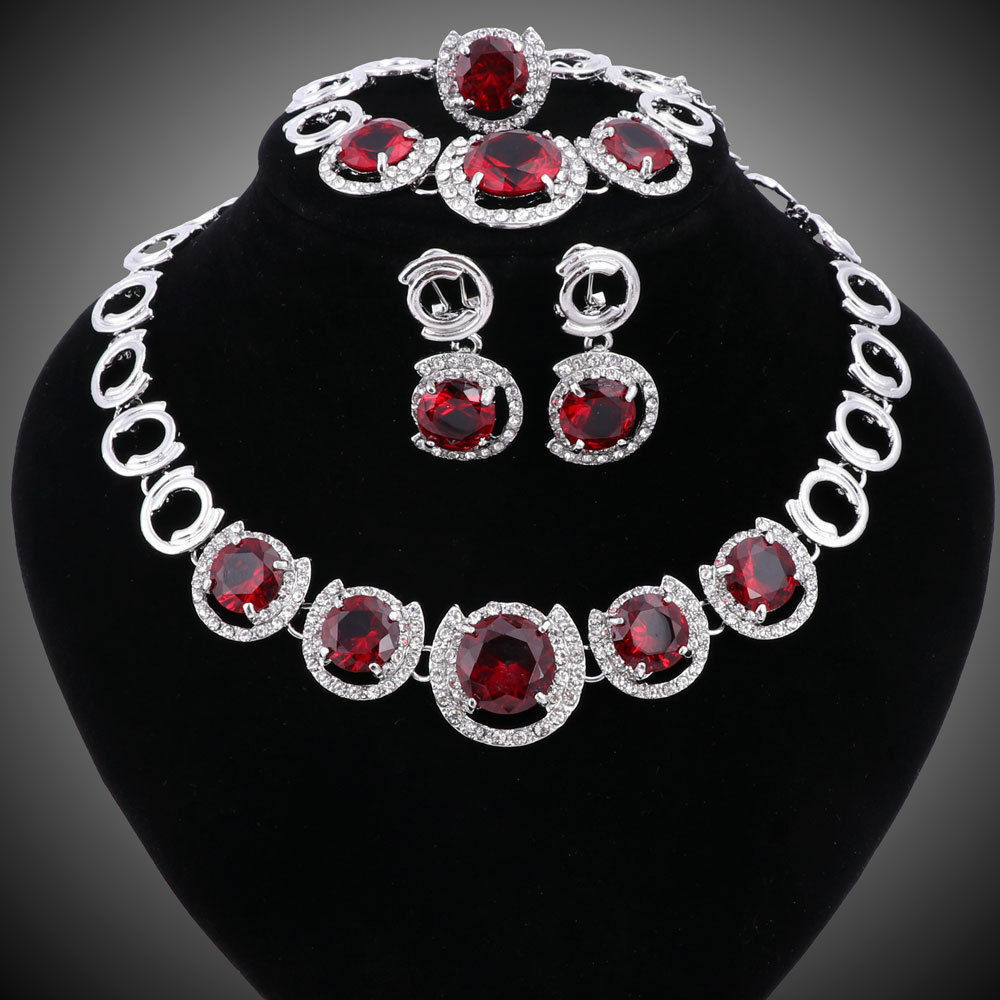 Jewel - תכשיטים ויהלומים סטים Women Silver/Plated Ruby Crystal Necklace Bracelet Earring Ring Jewelry Set