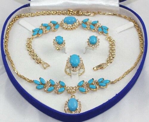 Jewel - תכשיטים ויהלומים סטים 1set 18K Yellow Gold GP Inlay Turquoise Necklace Bracelet Earring Ring AA No box