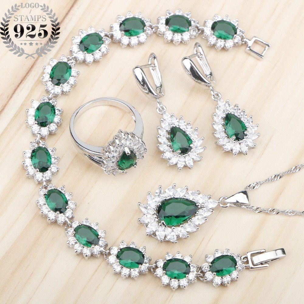 Jewel - תכשיטים ויהלומים סטים 4pcs Large Emerald Green Sets Necklace Bracelet Ring Earrings Xmas Gifts For Her