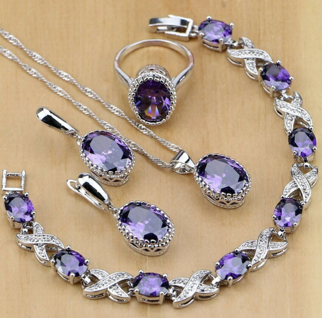 Jewel - תכשיטים ויהלומים סטים Purple Amethys 929 Silver Jewelry Sets Earrings Pendant Necklace Ring Bracelets 