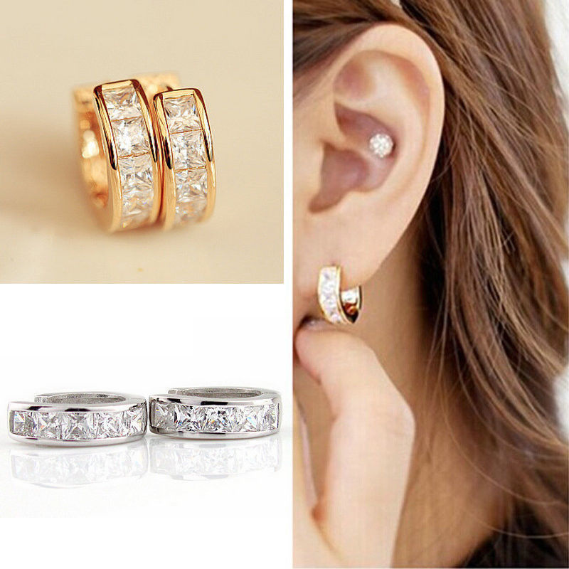 Jewel - תכשיטים ויהלומים עגילים 2Pcs Mens Women Crystal Stainless Steel Ear Hoop Stud Huggies Earrings Jewelry