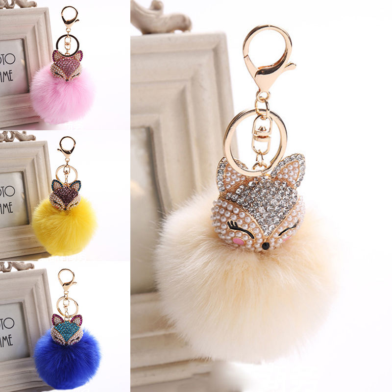 Jewel - תכשיטים ויהלומים קישוטים נתלים 1Pc Lovely Trendy Jewelry Rhinestone Keyring Fox Fur Pearl Ball Key Chain Charm