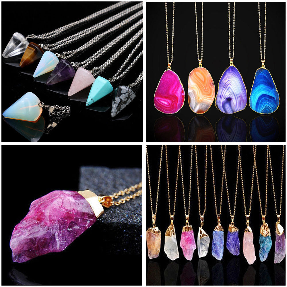Jewel - תכשיטים ויהלומים שרשראות Gemstones Natural Crystal Quartz Healing Point Chakra Stone Pendant Necklace