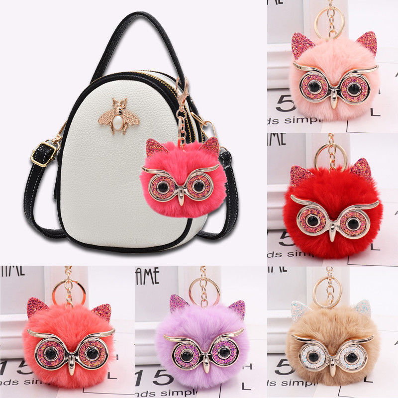 Jewel - תכשיטים ויהלומים קישוטים נתלים Women Girl Soft Keychain Faux Fur Owl Fox Car Fluffy Pompom Charm Pendant Ball