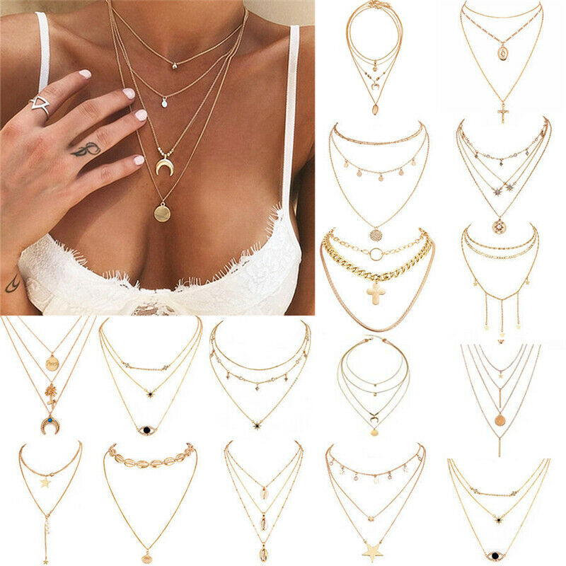 Jewel - תכשיטים ויהלומים שרשראות Boho Women Multi-layer Long Chain Pendant Crystal Choker Necklace Jewelry Gift